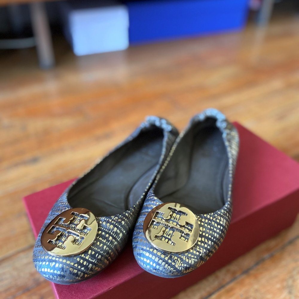 Tory Burch Gold Snakeskin Reva Flats - Sz 6